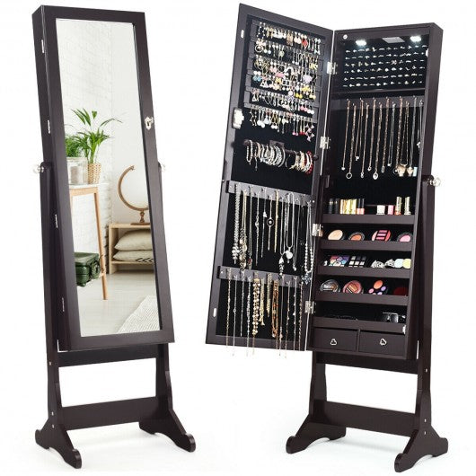 Lockable Mirrored Jewelry Cabinet with Stand and Led Lights-Brown