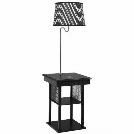 Floor Lamp Bedside Desk with USB Charging Ports Shelves-Black