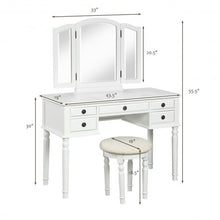 Load image into Gallery viewer, Tri-Fold Mirror Table Stool Wooden Vanity Make Up Dressing Set-White
