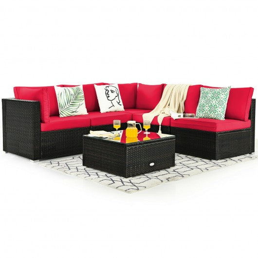 6PCS Patio Rattan Furniture Set Cushioned Sofa Coffee Table Garden-Red