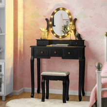 Load image into Gallery viewer, 5 Drawers Vanity Table Stool Set with 12-LED Bulbs-Black
