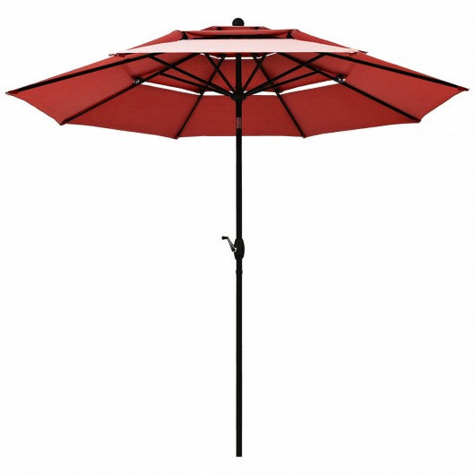 10ft 3 Tier Patio Umbrella Aluminum Sunshade Shelter Double Vented-Burgundy