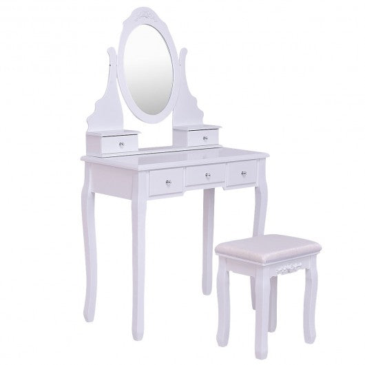 Wooden Vanity Set with 360° Rotating Oval Mirror and Cushioned Stool-White