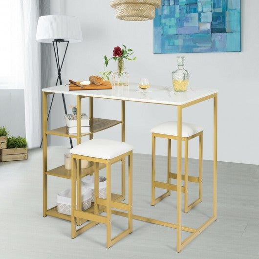 3 pcs Dining Set with Faux Marble Top Table and 2 Stools-Golden