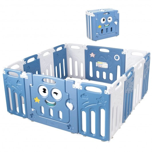 14-Panel Foldable Baby Playpen Kids Activity Centre-Blue