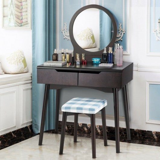 Dressing Table Vanity Makeup Set with Mirror Cushioned Stool Additional Storage-Brown