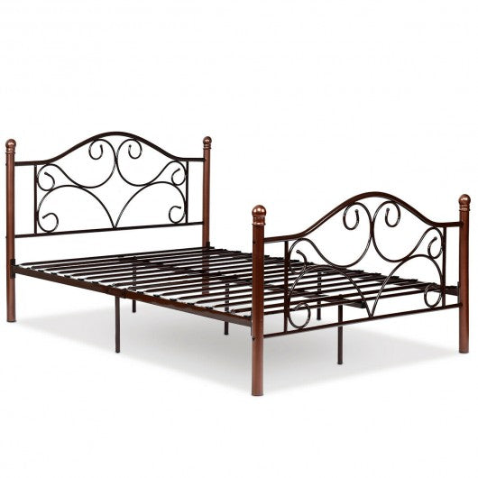 Full Size Steel Bed Frame with Stable Platform and Metal Slats-Chocolate