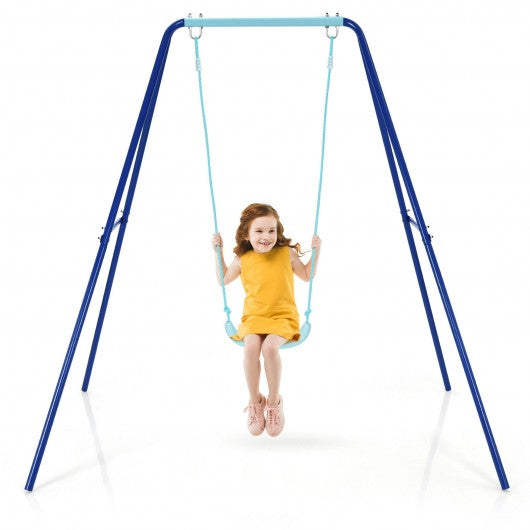 Outdoor Kids Swing Set with Heavy Duty Metal A-Frame and Ground Stakes-Blue