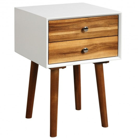 Wooden Nightstand Mid-Century End Side Table with 2 Storage Drawers-Brown