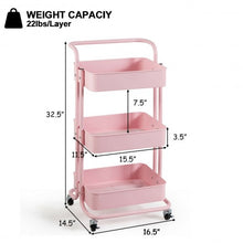 Load image into Gallery viewer, 3-Tier Metal Rolling Storage Cart Trolley 2 Brakes with Handle-Pink
