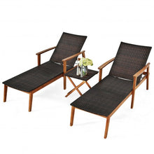 Load image into Gallery viewer, 3 Pcs Patio Wooden Frame Rattan Lounge Chaise Chair Set with Folding Table
