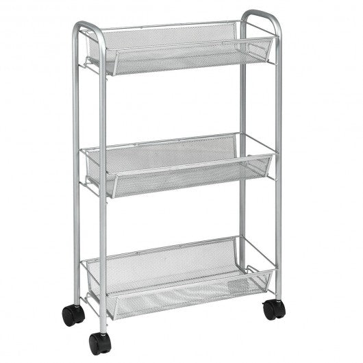 3-Tier Mesh Rolling Cart Mobile Organizer Stand Utility Cart Trolley-Gray