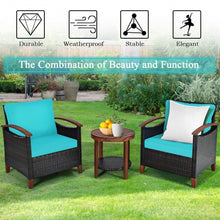 Load image into Gallery viewer, 3 Pcs Solid Wood Frame Patio Rattan Furniture Set-Turquoise
