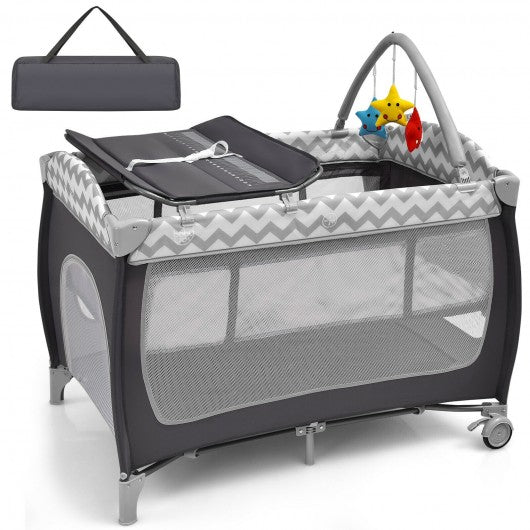 3 in 1 Portable Baby Playard with Zippered Door and Toy Bar-Gray