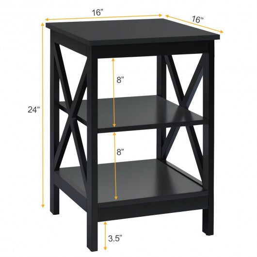 3-Tier Nightstand End Table with X Design Storage -Black