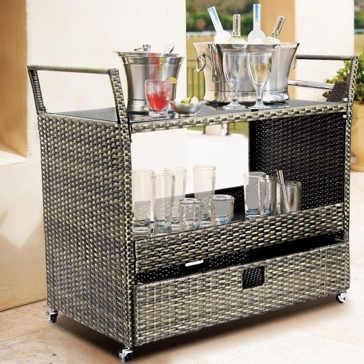 Rolling Portable Rattan Wicker Kitchen Trolley Cart