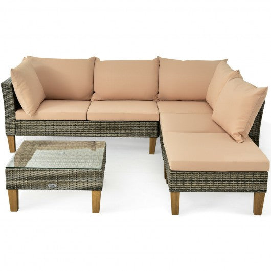 4PCS Patio Rattan Furniture Set Cushioned Loveseat-Brown