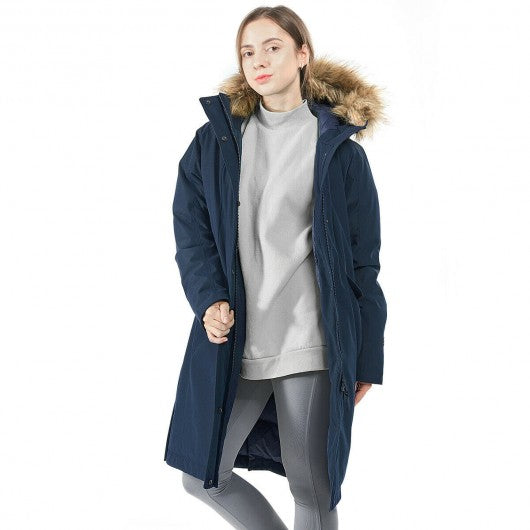 Women's Hooded Long Down Coat with Faux-fur Trim-Navy-M