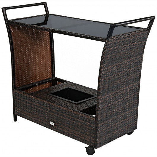 Patio Rattan Bar Serving Cart with Glass Top and Handle