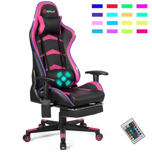 Massage LED Gaming Chair with Lumbar Support & Footrest-Pink