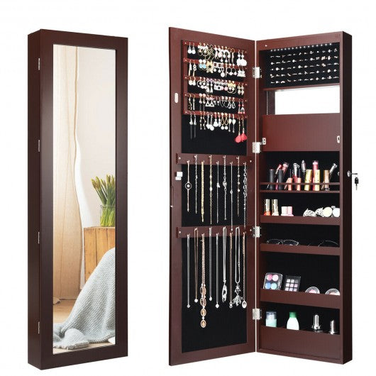 Lockable Wall Door Mounted Mirror Jewelry Cabinet w/LED Lights-Brown