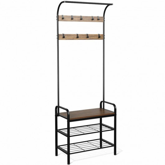 Industrial Coat Shoe Bench Entryway Shelf with 9 Hooks