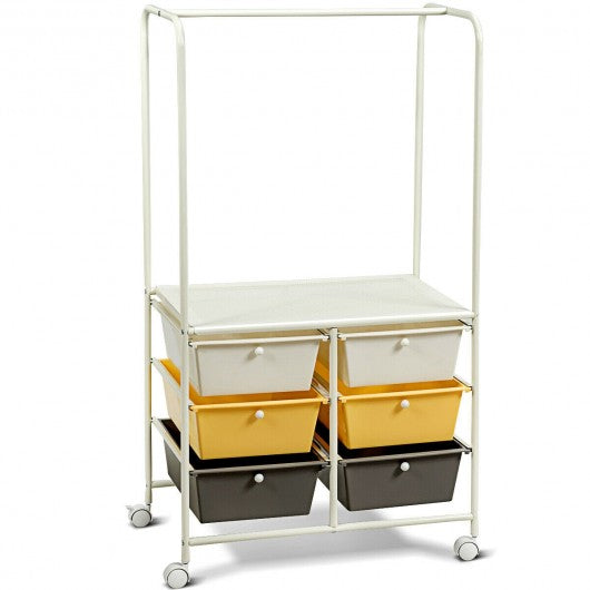 6 Drawer Rolling Storage Cart with Hanging Bar -Yellow