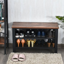 Load image into Gallery viewer, 3-Tier Shoe Rack Industrial Shoe Bench with Storage Shelves-Brown
