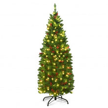 Load image into Gallery viewer, 4.5 Feet Pre-lit Hinged Pencil Christmas Tree with Pine Cones Red Berries and 150 Lights
