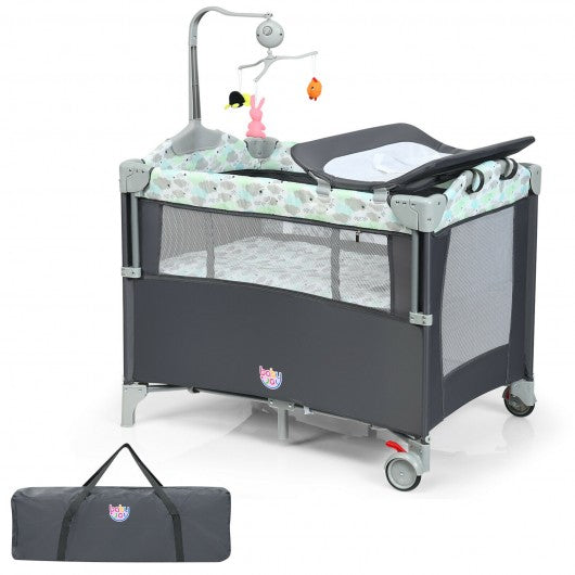 5-in-1  Portable Baby Beside Sleeper Bassinet Crib Playard w/Diaper Changer-Gray