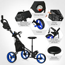 Load image into Gallery viewer, 3 Wheels Folding Golf Push Cart with Seat Scoreboard and Adjustable Handle-Blue
