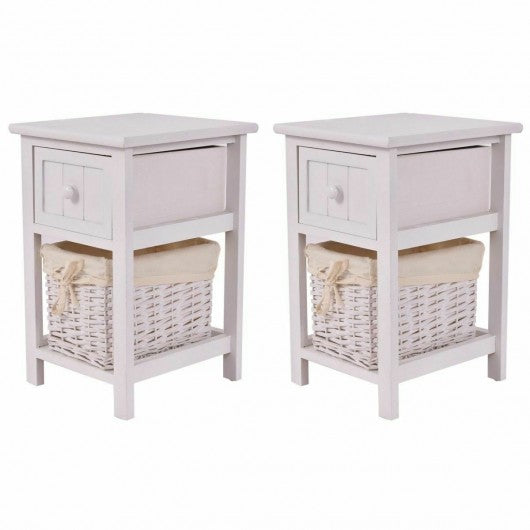 Set of 2 Mini Night Stand 2 Layer 1 Drawer End Table Organizer Wood