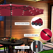 Load image into Gallery viewer, 15 Ft Solar LED Patio Double-sided Umbrella Market Umbrella with Weight Base-Red
