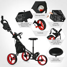 Load image into Gallery viewer, 3 Wheels Folding Golf Push Cart with Seat Scoreboard and Adjustable Handle-Red
