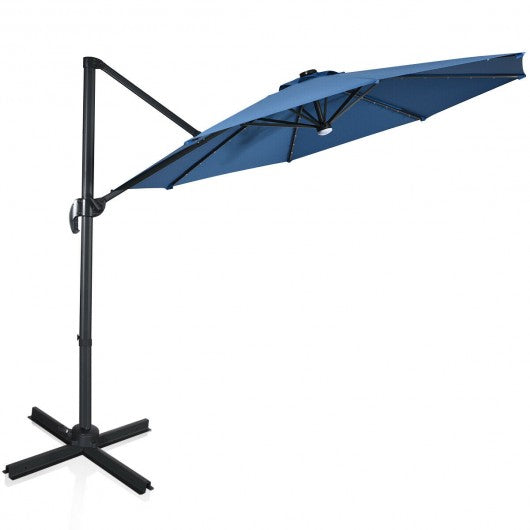 10 Ft Patio Offset Cantilever Umbrella with Solar Lights-Blue