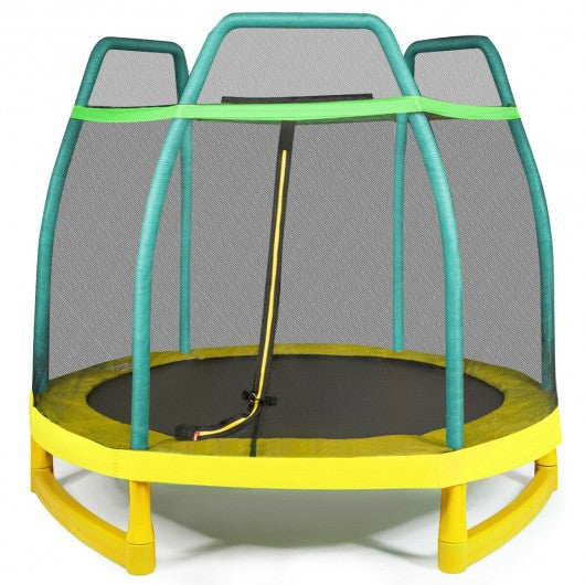 7FT Kids Trampoline W/ Safety Enclosure Net-Green