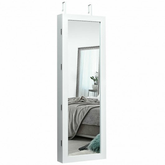 Lockable Wall Mount Mirrored Jewelry Cabinet with LED Lights-White