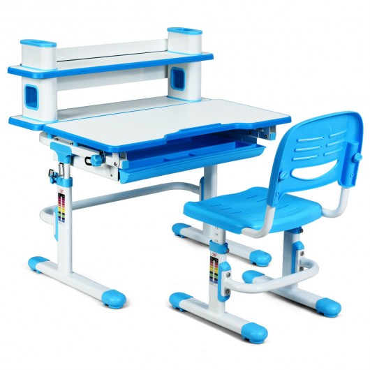 Adjustable Kids Desk and Chair Set with Bookshelf and Tilted Desktop-Blue