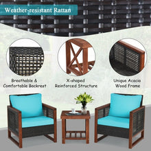 Load image into Gallery viewer, 3 pcs Patio Wicker Furniture Sofa Set with Wooden Frame and Cushion-Turquoise
