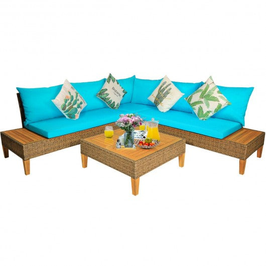 4PCS Patio Rattan Furniture Set with Wooden Side Table