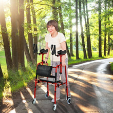 Load image into Gallery viewer, Folding Auxiliary Walker Rollator with Brakes Flip-Up Seat Bag Multifunction-Red
