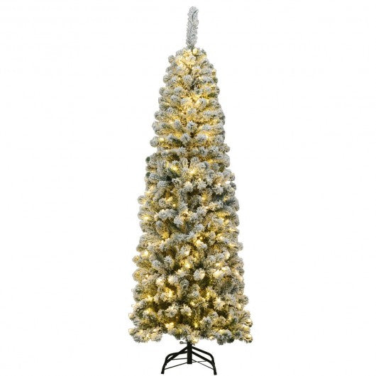 6 ft Pre-lit Snow Flocked Artificial Pencil Christmas Pine Tree w/250 LED Lights