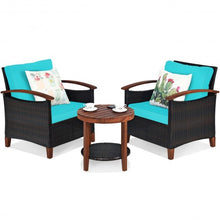 Load image into Gallery viewer, 3 Pcs Solid Wood Frame Patio Rattan Furniture Set-Turquoise
