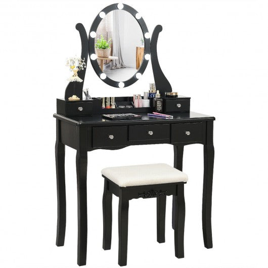 Touch Switch Makeup Dressing Vanity Table Set with 10 Light Bulbs-Black