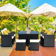 Load image into Gallery viewer, 9 Pcs Patio Rattan Dining Set Chairs Ottoman Cushioned Glass Table Top
