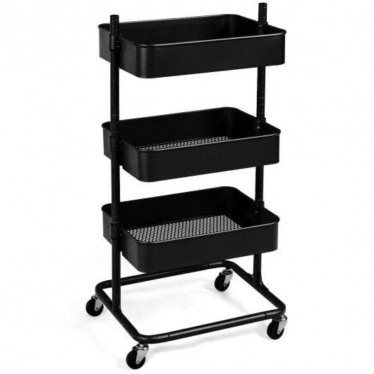 3-Tier Metal Rolling Storage Cart Mobile Organizer with Adjustable Shelves-Black