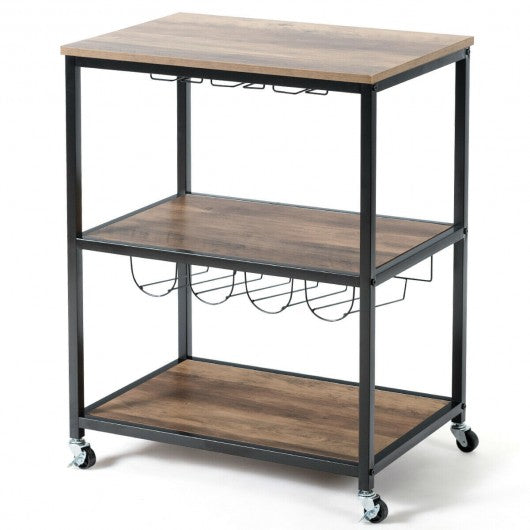3-Tier Metal Frame Rolling Kitchen Island Trolley Cart-Natural