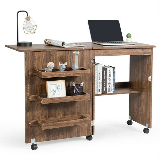 Folding Sewing Craft Table Shelf Storage Cabinet Home Furniture-Brown