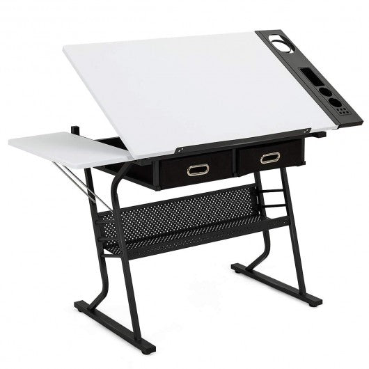 Adjustable Drafting Table Drawing Desk w/ Drop Leaf & Drawers