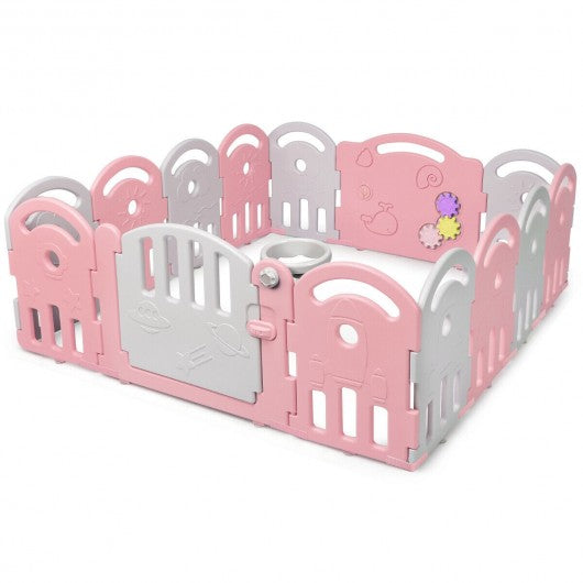 14-Panel Baby Playpen with Music Box & Basketball Hoop-Pink